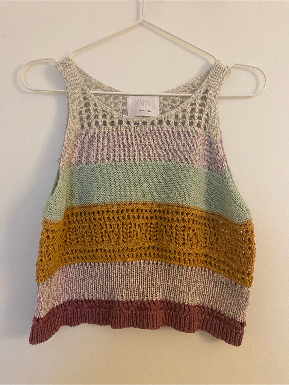 Zara Crochet-Striped Knit Tank Top in Mint, Mustard & Mauve